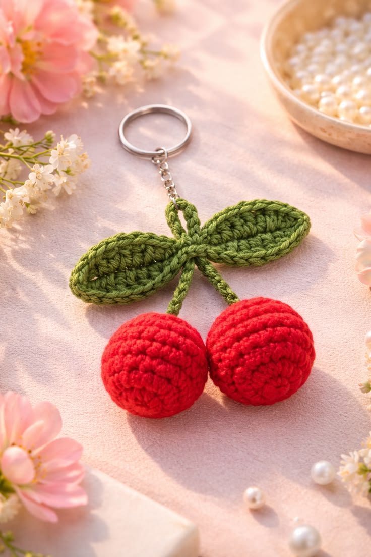Pair of 2 Crochet Cherry